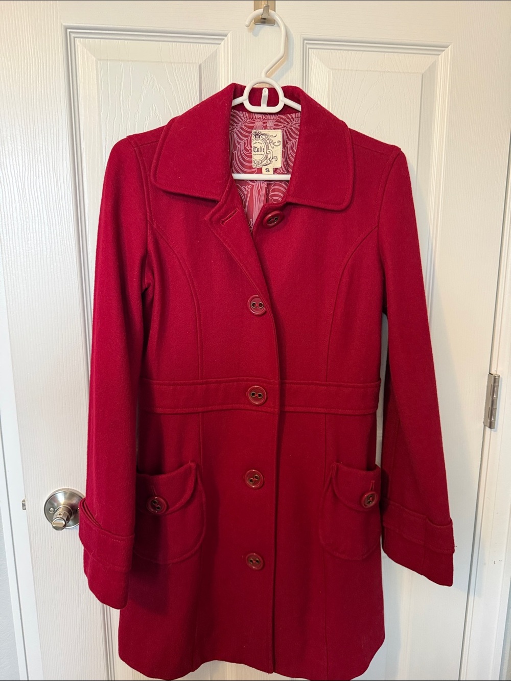 Tulle Women's Red Wool-Blend Pea Coat with Button Front